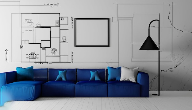 A living room with a blue sofa and a painting on the wall