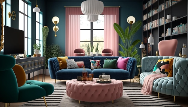 A living room with a blue sofa and a pink rug with a green plant in the corner.