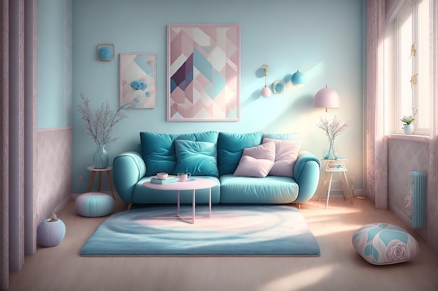 A living room with a blue sofa and a pink rug.