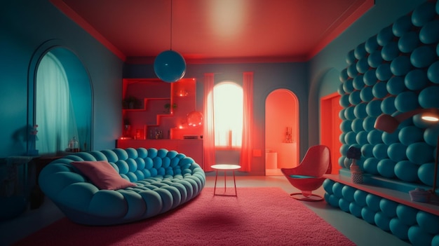 A living room with a blue sofa and a red wall.