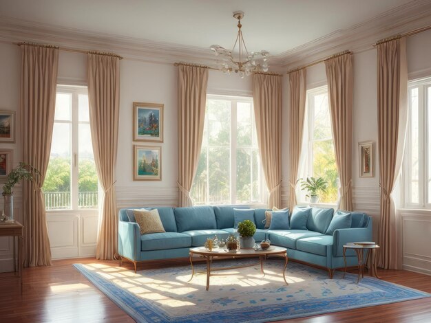 A living room with a blue sofa and a table with a lamp on it.