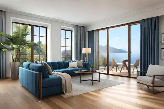 A living room with a blue sofa and a table with a view of the ocean.