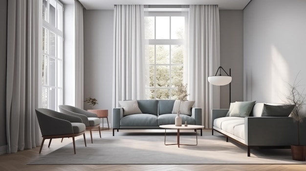 A living room with a blue sofa and a white rug.