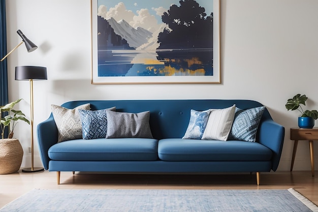 Photo a living room with a blue sofa and a white wall with a picture