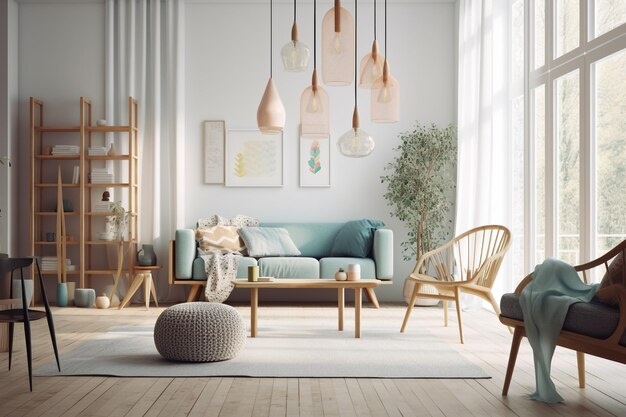 A living room with a blue sofa and a wooden chair.