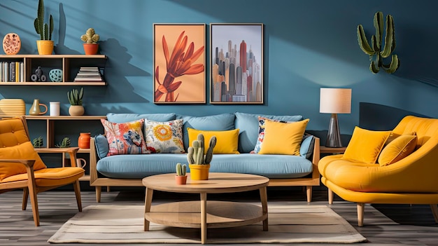 a living room with a blue sofa and yellow pillows.