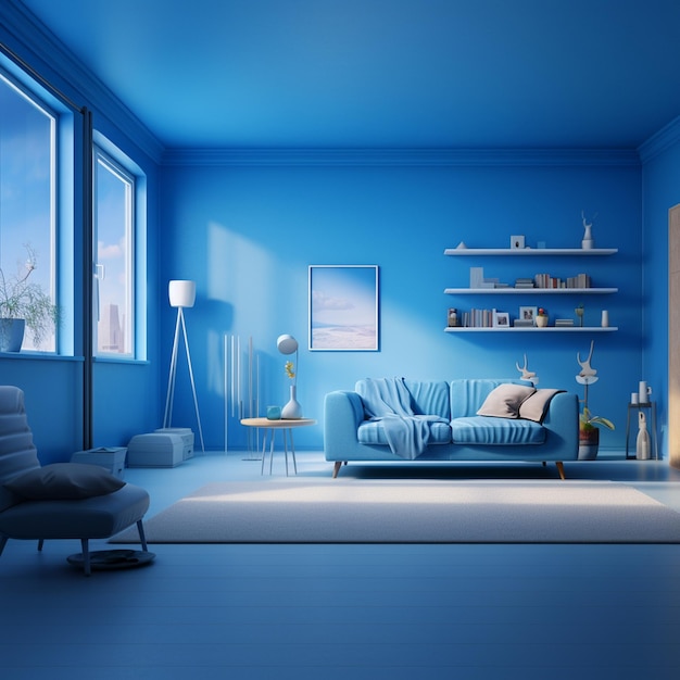 A living room with a blue wall and a couch and a lamp