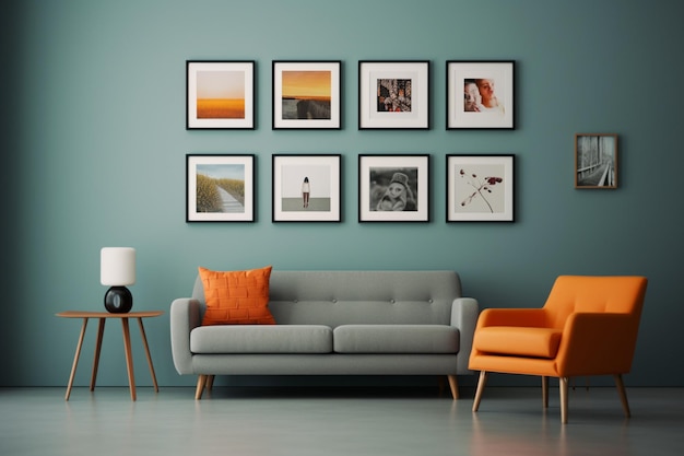 A living room with a blue wall and a couch with orange pillows and a lamp.