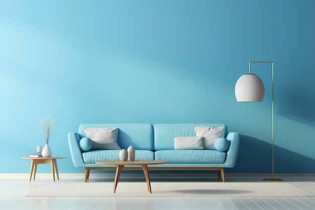 Photo a living room with a blue wall and a couch with pillows and a lamp