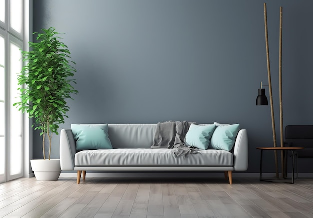 A living room with a blue wall and a green plant