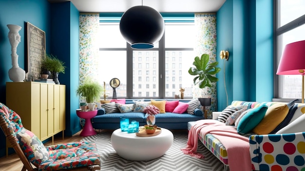 A living room with a blue wall and a large window with a large potted plant on the right side.