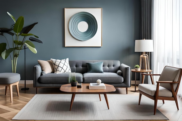 A living room with a blue wall and a white and grey couch.