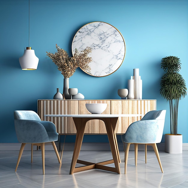 A living room with a blue wall and a white round mirror.