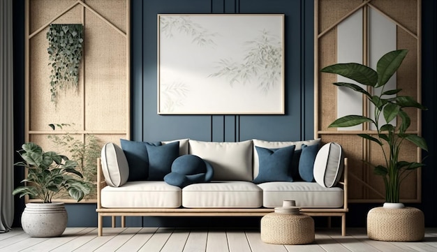 A living room with a blue wall and a white sofa with a plant on it.