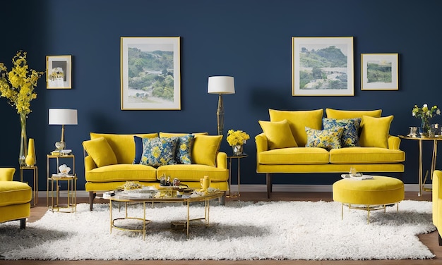 A living room with a blue wall and yellow sofas.