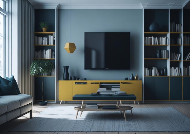 A living room with a blue wall and a yellow tv on it.