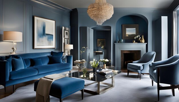 a living room with blue walls and a blue couch and a blue sofa