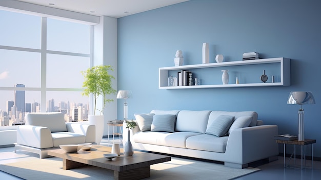 Living Room With Blue Walls and White Rug