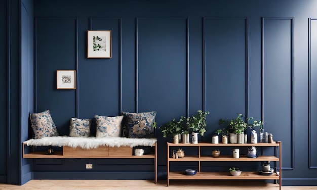 A living room with blue walls and a wooden bench