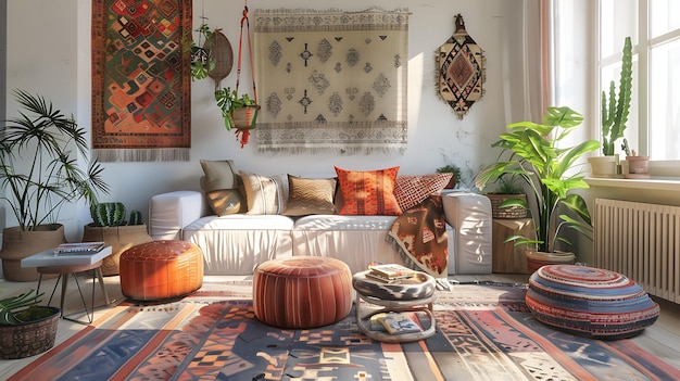 A living room with a bohochic style