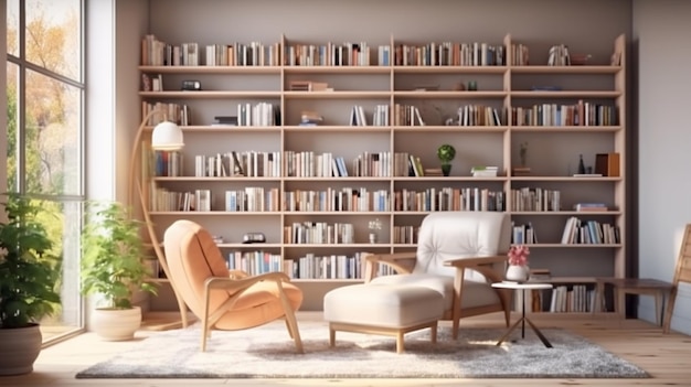 a living room with a book shelf full of books