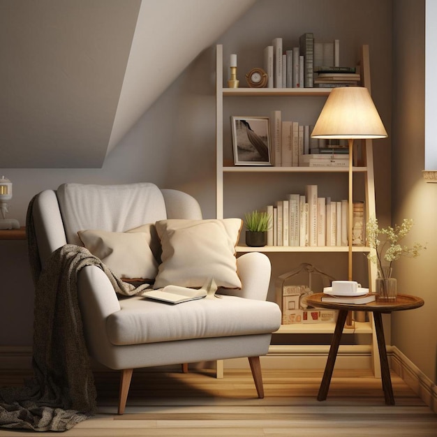 a living room with a book shelf and a lamp