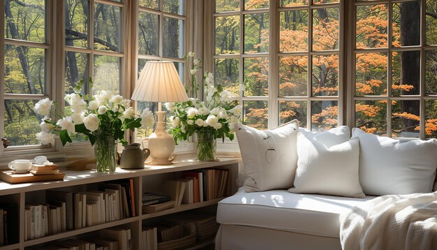 a living room with books and flowers on a table