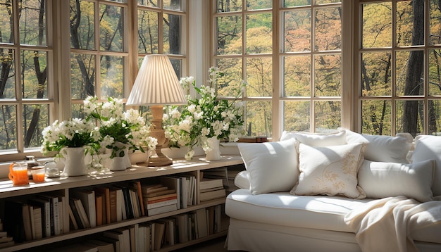 a living room with books and flowers on a table