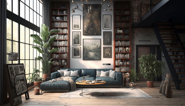 Living room with bookshelf and art gallery frame Generative Ai