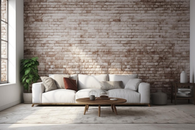 A living room with a brick wall and a coffee table.