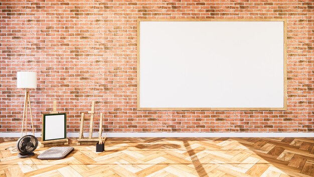 Living room with brick wall and whiteboard