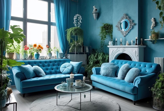 Living room with a bright blue sofa