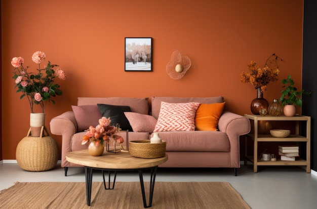 living room with bright orange walls and furniture