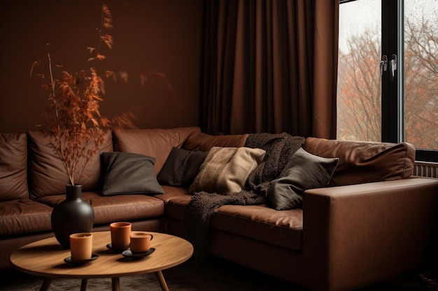 Photo living room with brown curtains