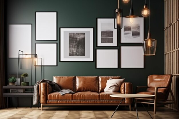 A living room with a brown leather sofa, a coffee table, and a lamp.