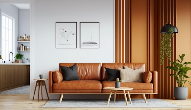 A living room with a brown leather sofa and a coffee table.