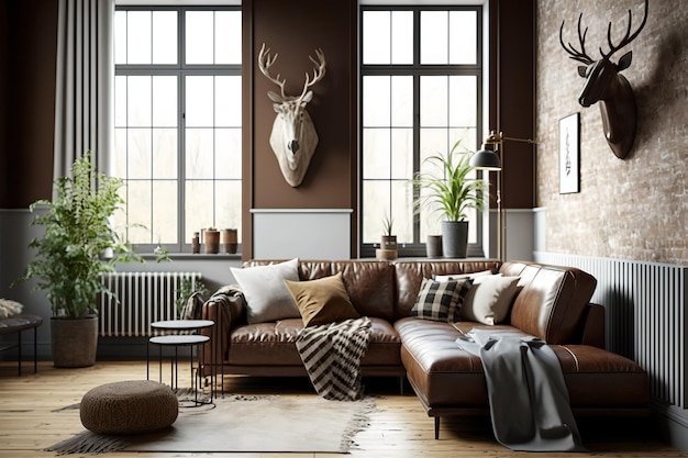 A living room with a brown leather sofa and a deer head on the wall.