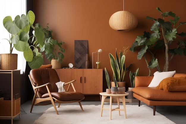 A living room with a brown wall and a brown couch.