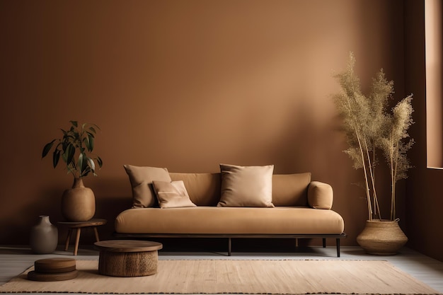 Photo a living room with a brown wall and a couch with a plant in the middle.