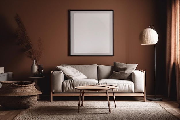 A living room with a brown wall and a white framed picture that says'the best'on it.