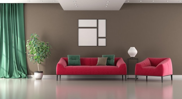 Photo living room with brown wall with red sofa armchair and green curtain 3d rendering