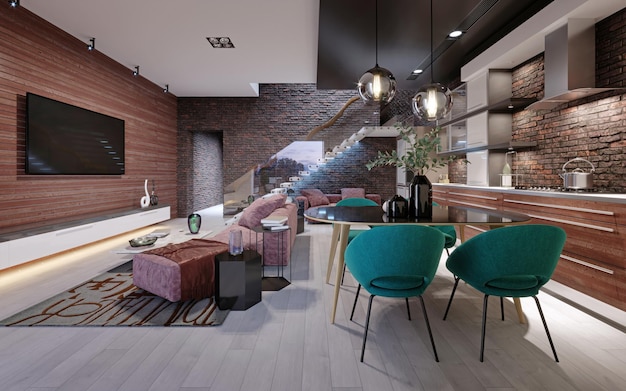 Living room with burgundy upholstered furniture and a modern kitchen