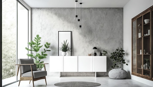 Living room with cabinet modern room concrete wall background