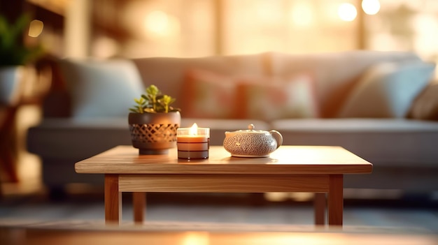 Photo a living room with a candle on a coffee table