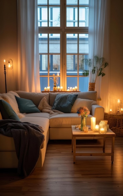 A living room with candles by night Ai generated