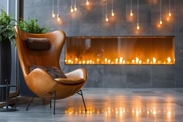 a living room with a chair and a fire place