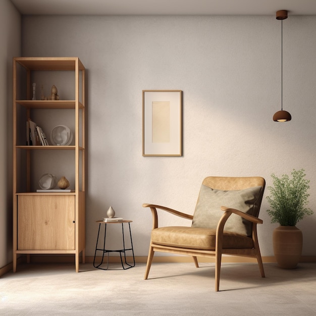 a living room with a chair and a lamp on the wall