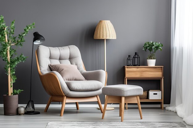 A living room with a chair and a lamp