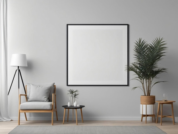 A Living Room With A Chair And A Picture Frame On The Wall