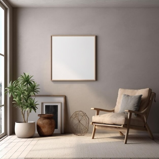 a living room with a chair and a picture on the wall